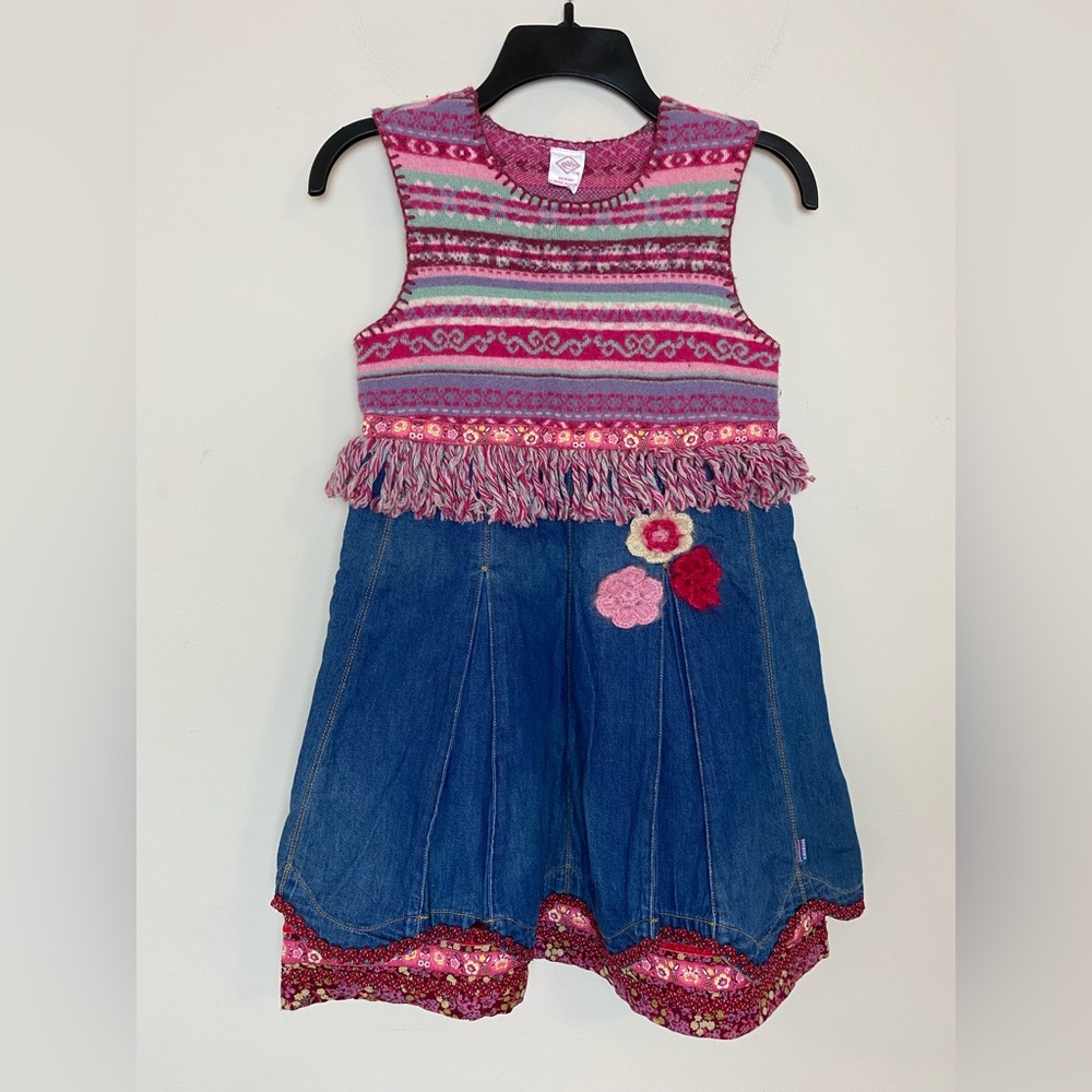 Oilily Girls Boho Dress Fair Isle Sweater Denim Floral Fringe Size 116 (US Sz 6)